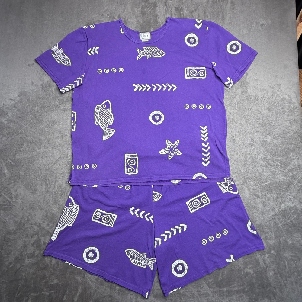 Jostar‎ Pajama Set Women XL Purple Fish Starfish Print Cotton Loungewear USA